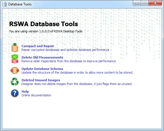 Home page of the Database Tools application